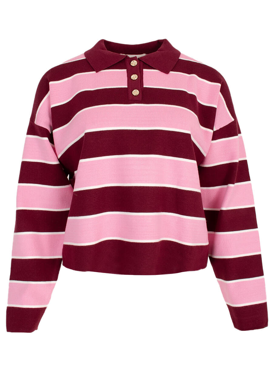Stripe polo pull - gold detail roze/bordeaux