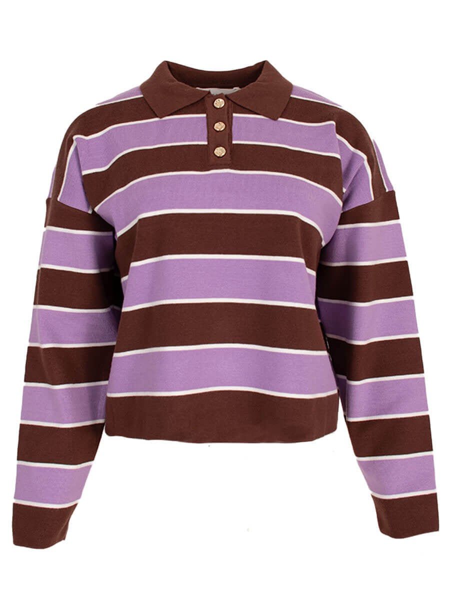 Stripe polo pull - gold detail lila/brown